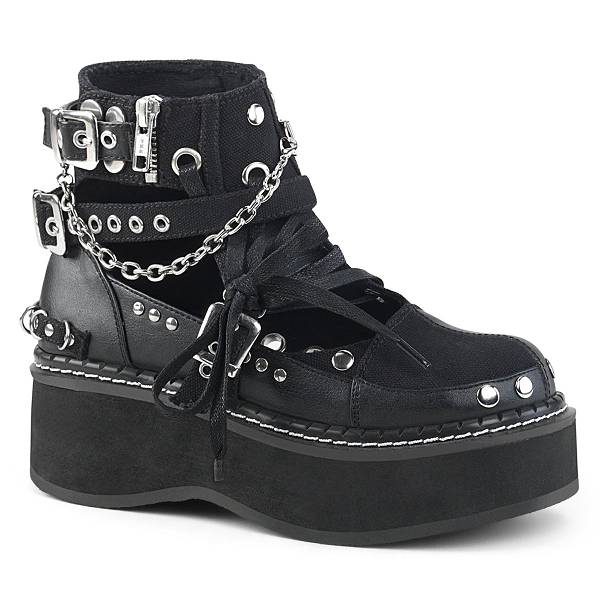 Demonia Women's Emily-317 Platform Boots - Black Canvas/Vegan Leather D8935-46US Clearance